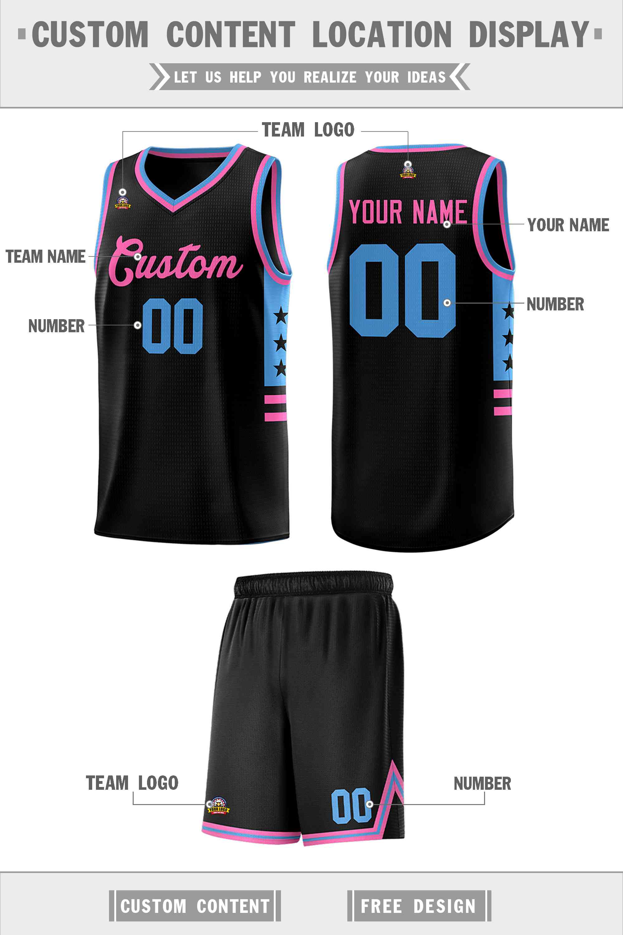 Custom Black Powder Blue-Pink Personalized Star Pattern Sports Uniform Basketball Jersey