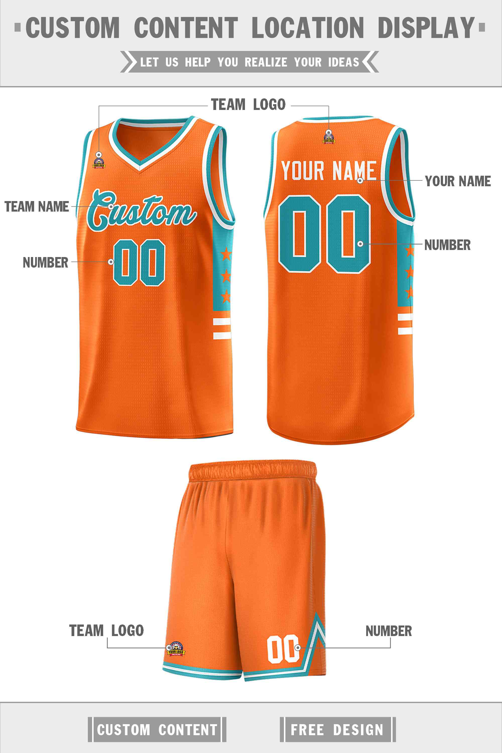 Custom Orange Aqua-White Personalized Star Pattern Sports Uniform Basketball Jersey