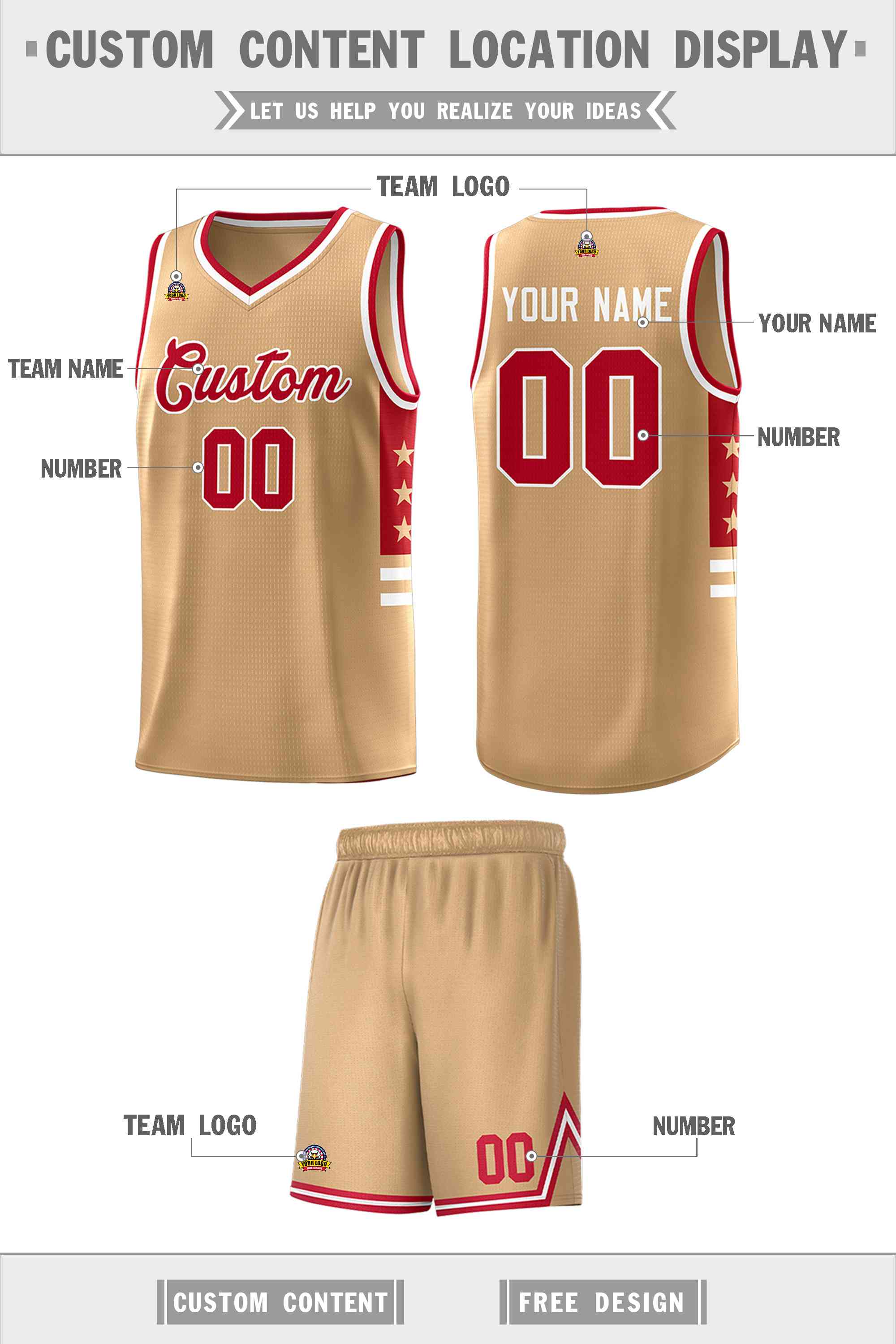 Custom Old Gold Red-White Personalized Star Pattern Sports Uniform Basketball Jersey