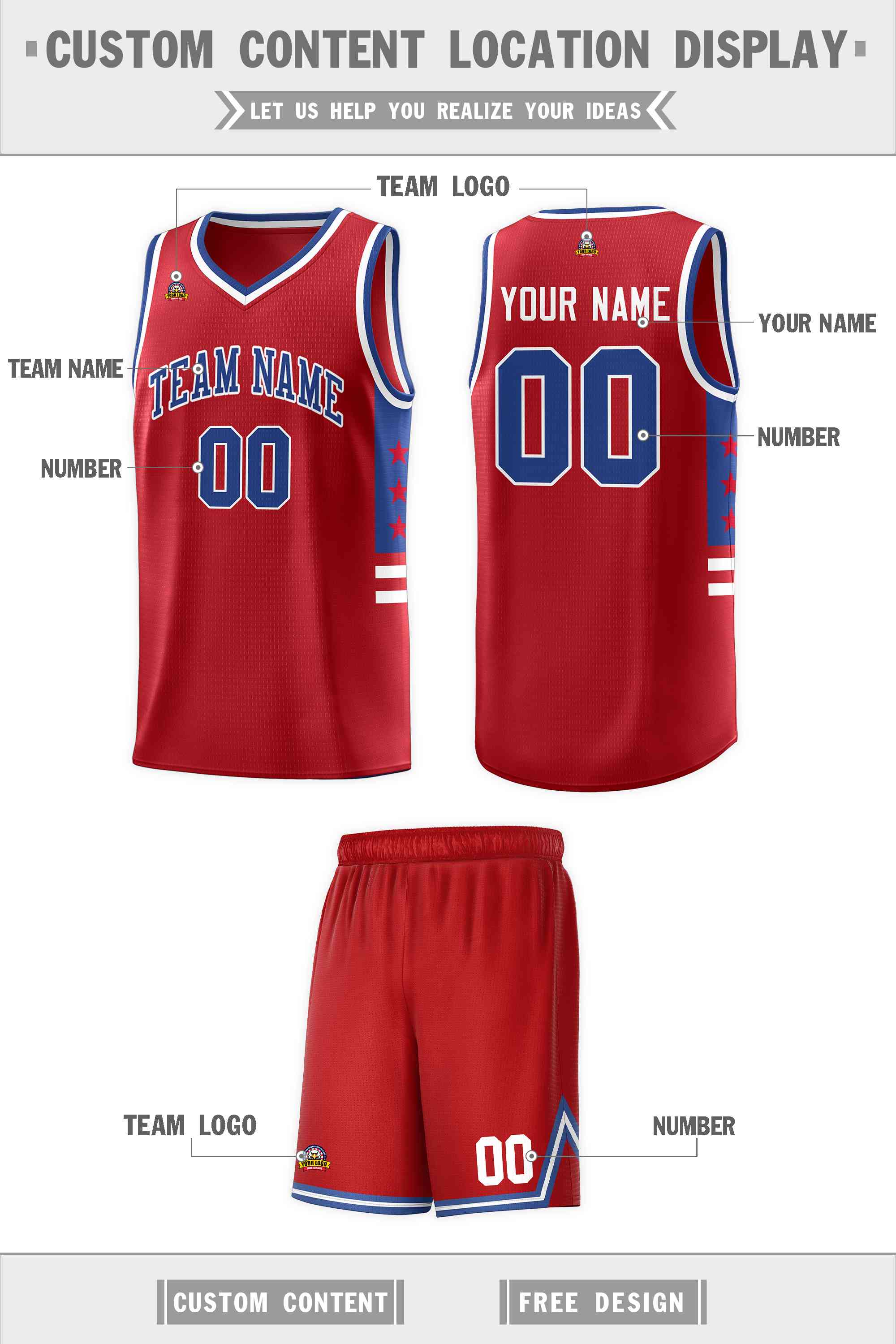 Custom Red Royal-White Personalized Star Pattern Sports Uniform Basketball Jersey