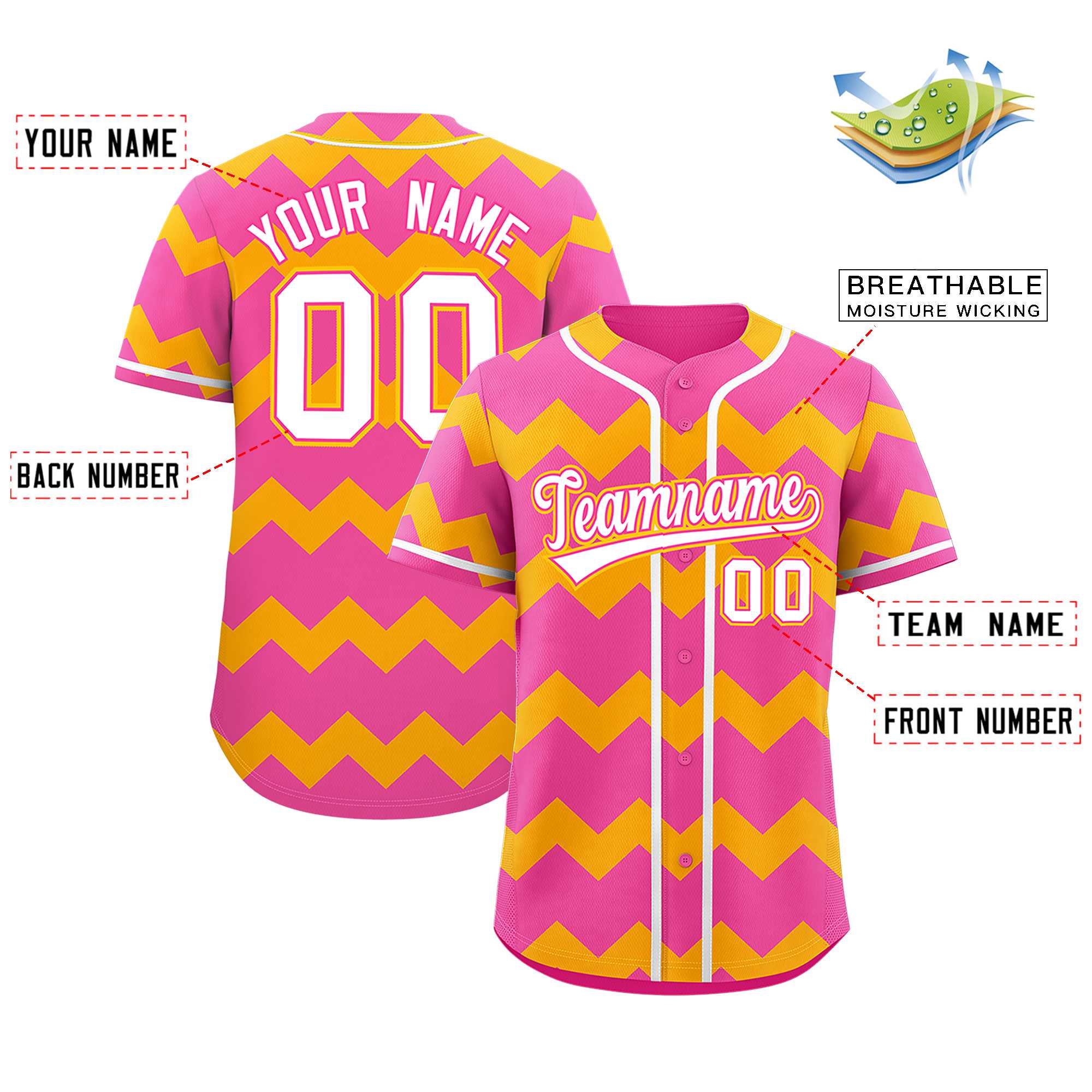 Custom Pink-Yellow White Personalized Ripple Design Authentic Baseball Jersey