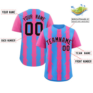 Custom Powder Blue Pink Raglan Sleeves Blade Pattern Authentic Baseball Jersey