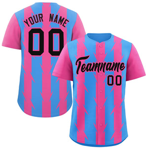 Custom Powder Blue Pink Raglan Sleeves Blade Pattern Authentic Baseball Jersey