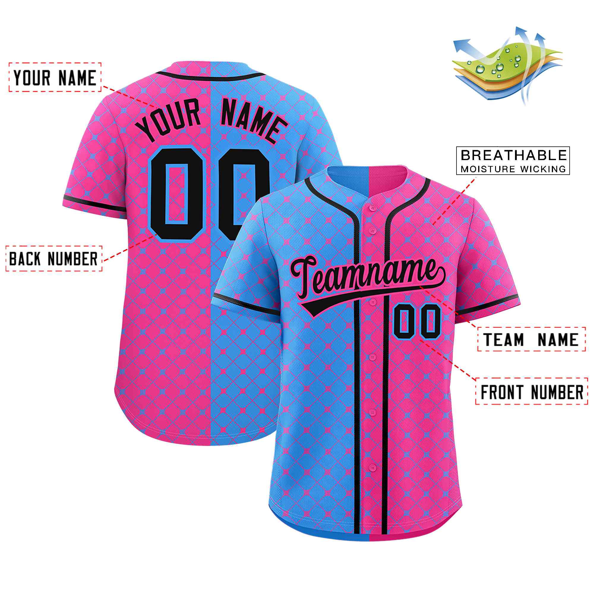 Custom Powder Blue Pink Split Fashion Plaid Design Authentic Baseball Jersey