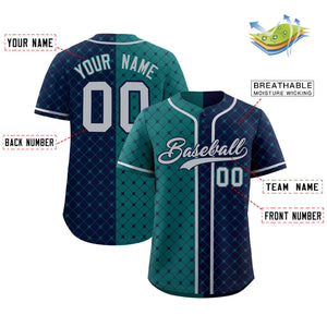 Custom Aqua Navy Split Fashion Plaid Design Authentic Baseball Jersey