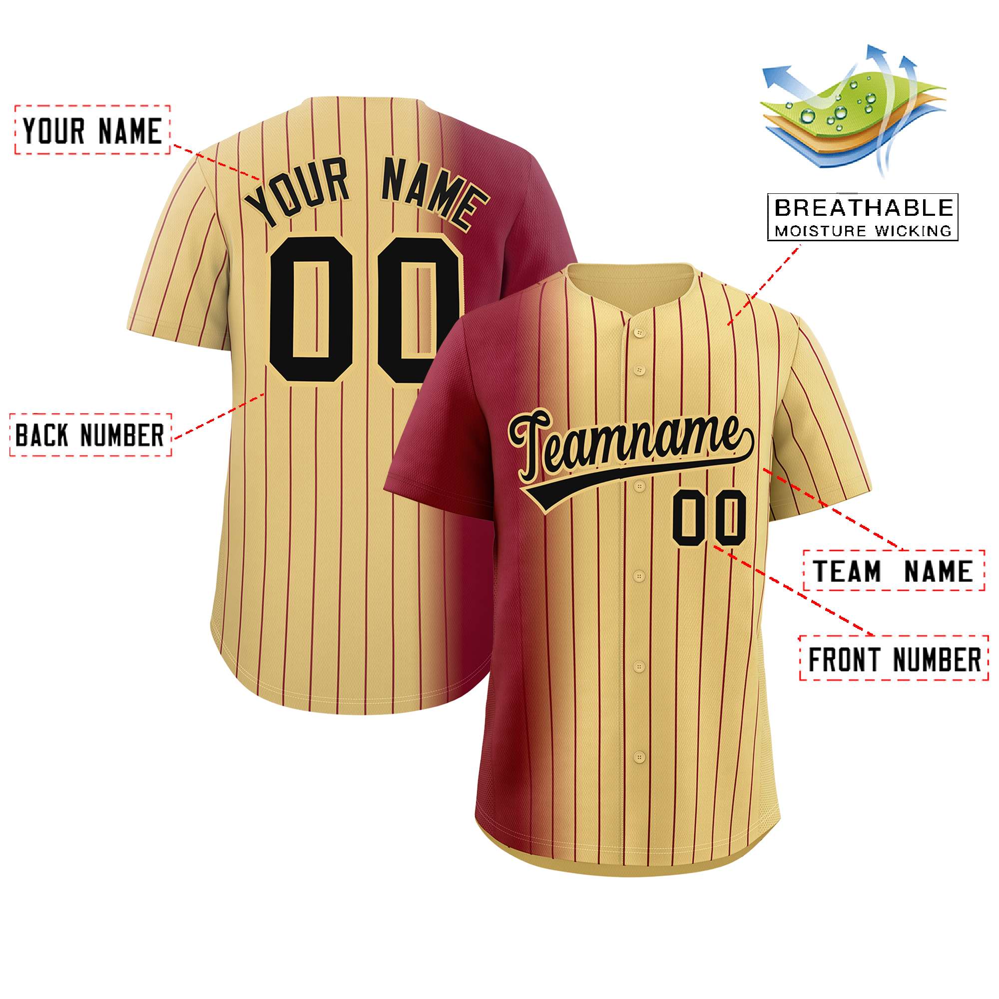 Custom Khaki Crimson Pinstripe Personalized Gradient Authentic Baseball Jersey