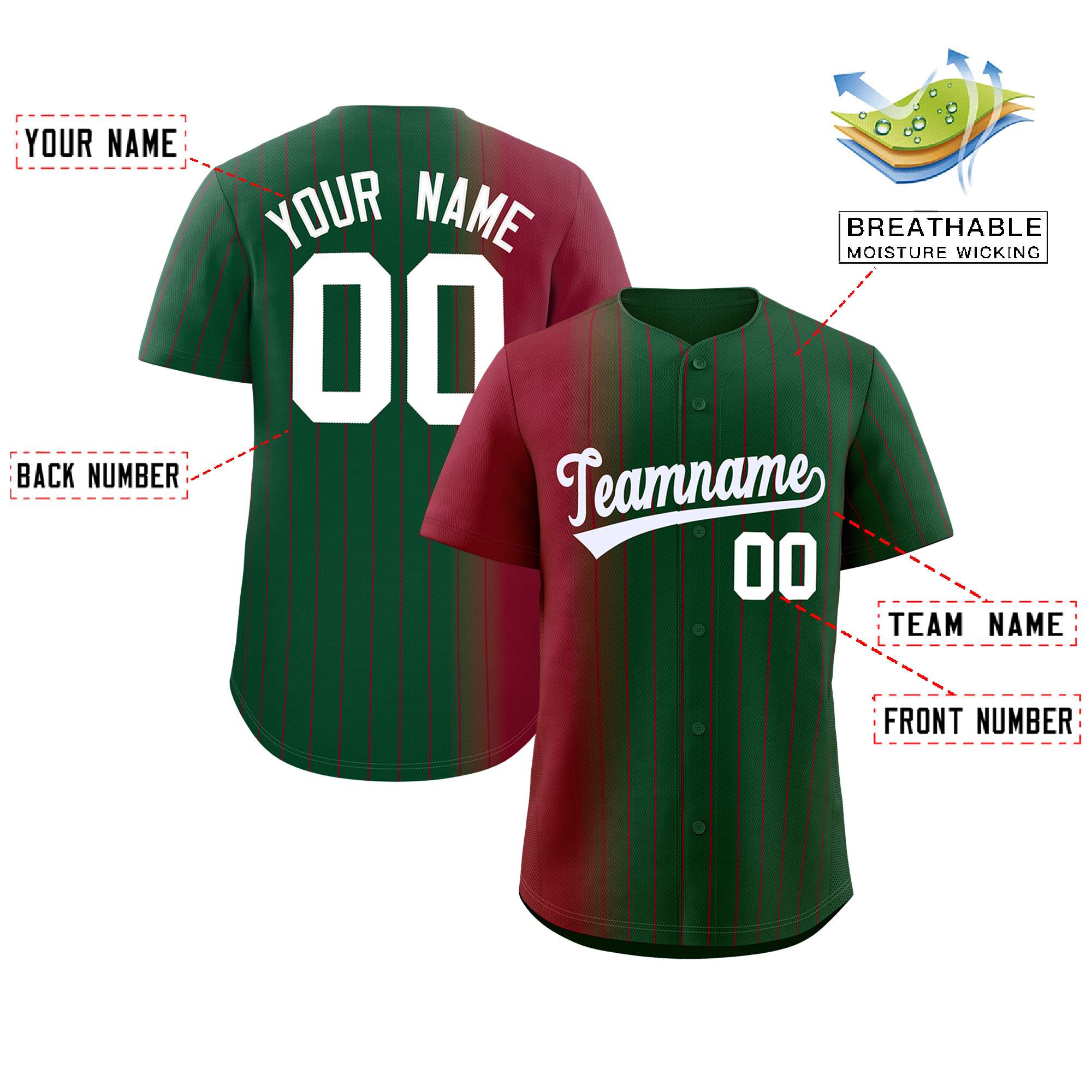 Custom Green Crimson Pinstripe Personalized Gradient Authentic Baseball Jersey