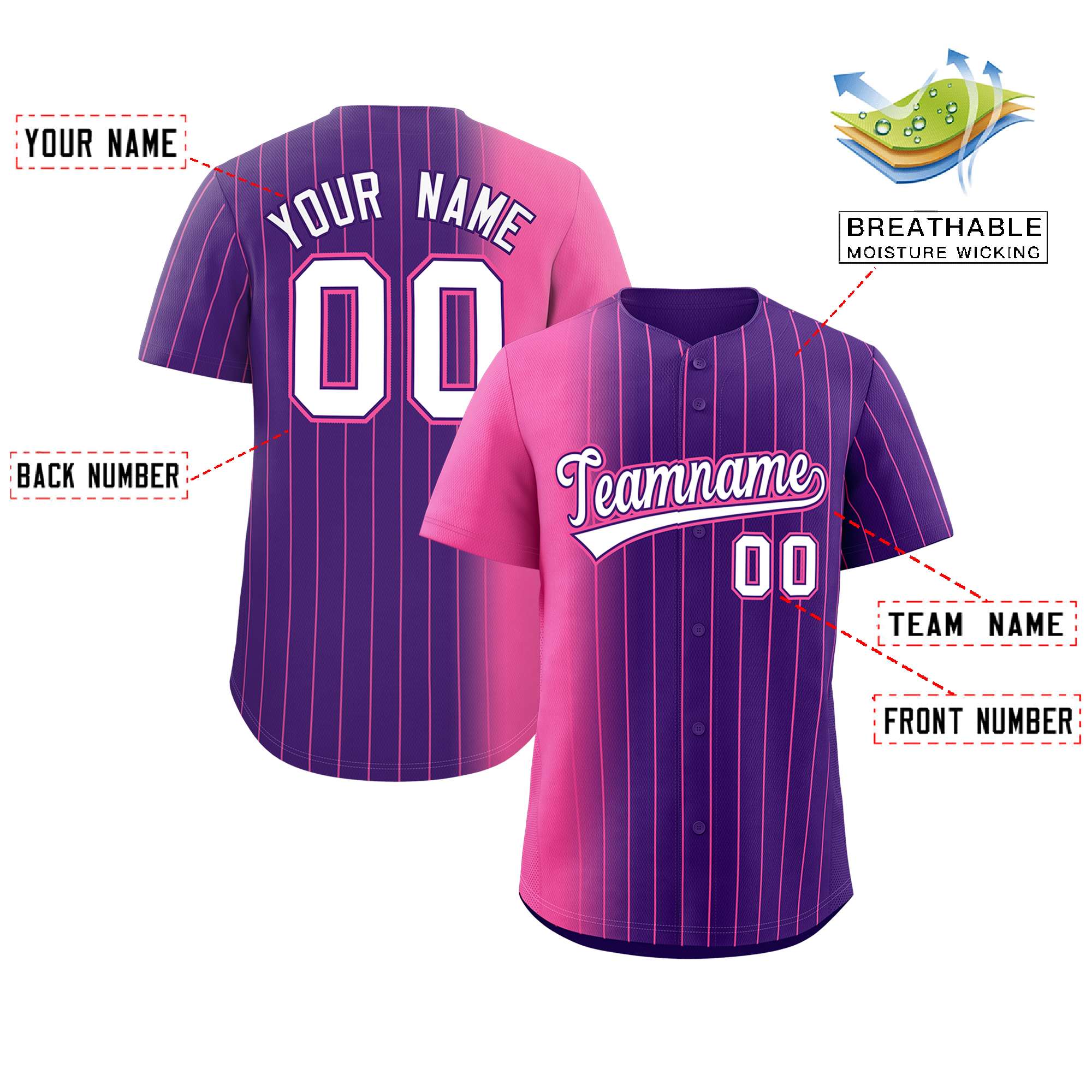 Custom Purple Pink Pinstripe Personalized Gradient Authentic Baseball Jersey