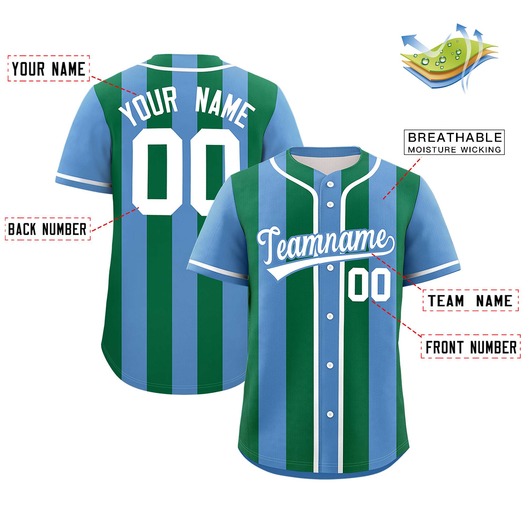 Custom Light Blue Kelly Green Thick Stripe Fashion Authentic Baseball jersey