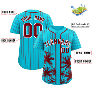 Custom Sky Blue Crimson Pinstripe Coconut Tree Pattern Authentic Baseball Jersey