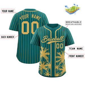 Custom Aqua Old Gold Pinstripe Coconut Tree Pattern Authentic Baseball Jersey