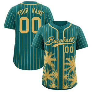 Custom Aqua Old Gold Pinstripe Coconut Tree Pattern Authentic Baseball Jersey