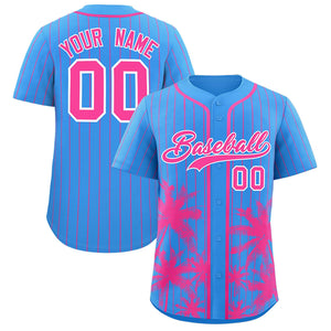 Custom Powder Blue Pink Pinstripe Coconut Tree Pattern Authentic Baseball Jersey