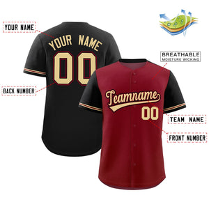 Custom Crimson Black Color Block Personalized Raglan Sleeves Authentic Baseball Jersey