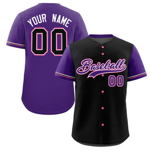 Custom Black Purple Color Block Personalized Raglan Sleeves Authentic Baseball Jersey