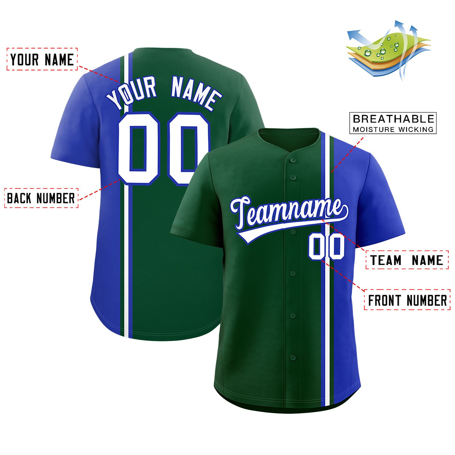 Custom Green Royal-White Personalized Color Block Authentic Baseball jersey