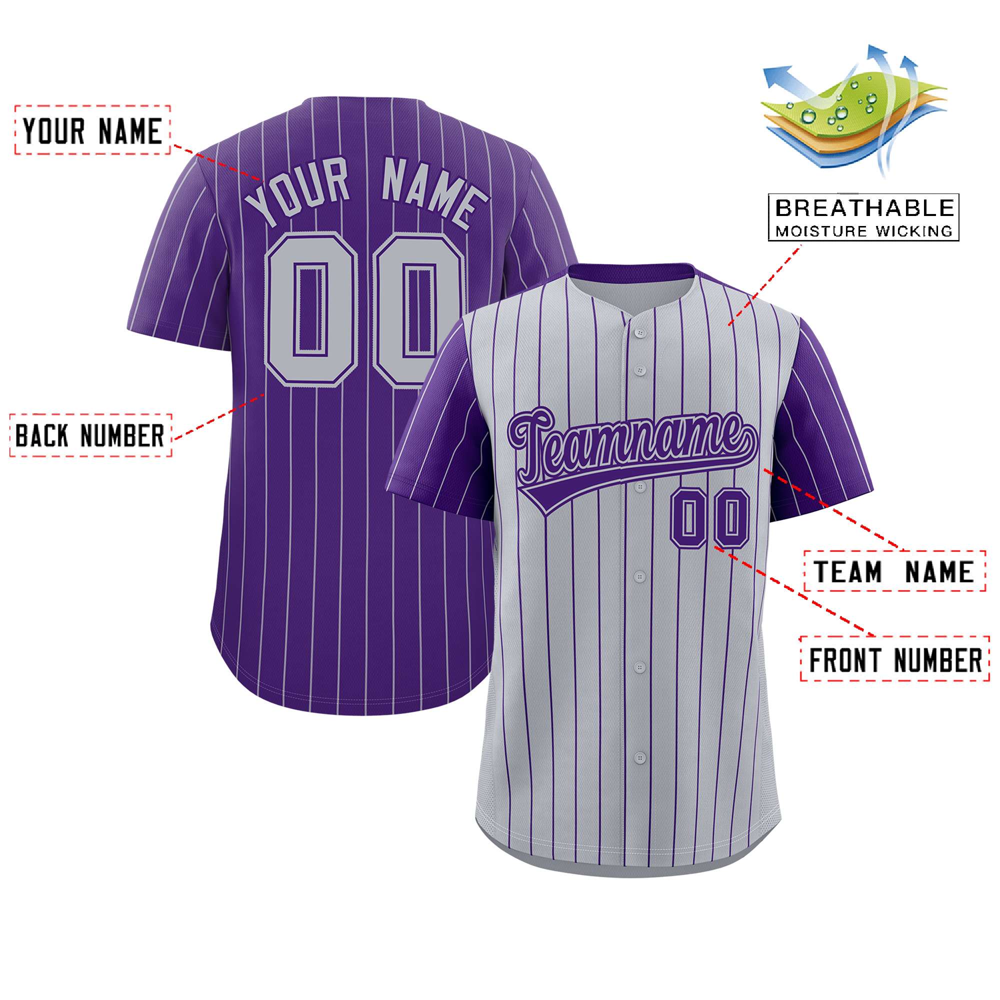 Custom Gray Purple Pinstripe Personalized Raglan Sleeves Authentic Baseball Jersey