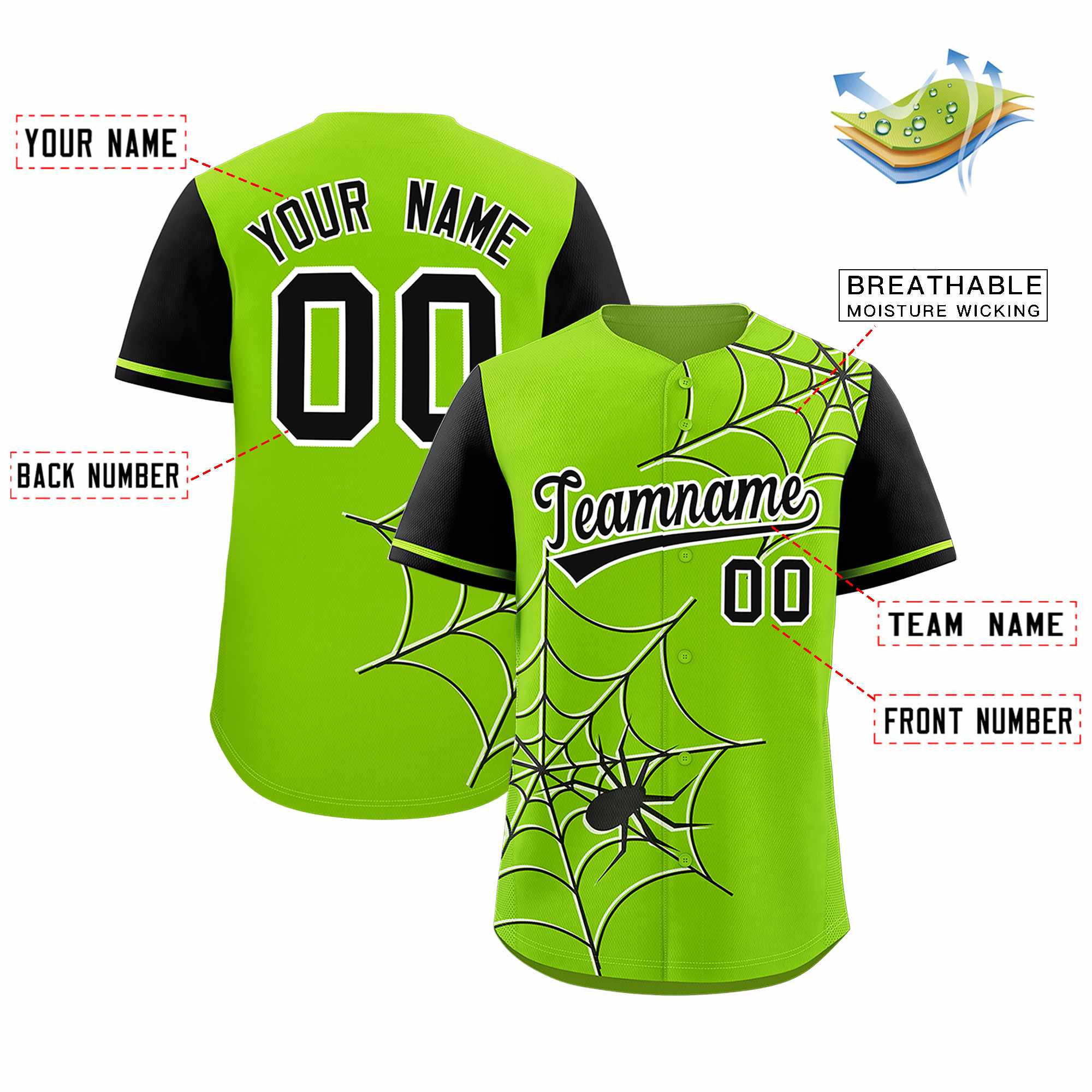 Custom Neon Green-Black Spider Web Pattern Raglan Sleeves Authentic Baseball Jersey