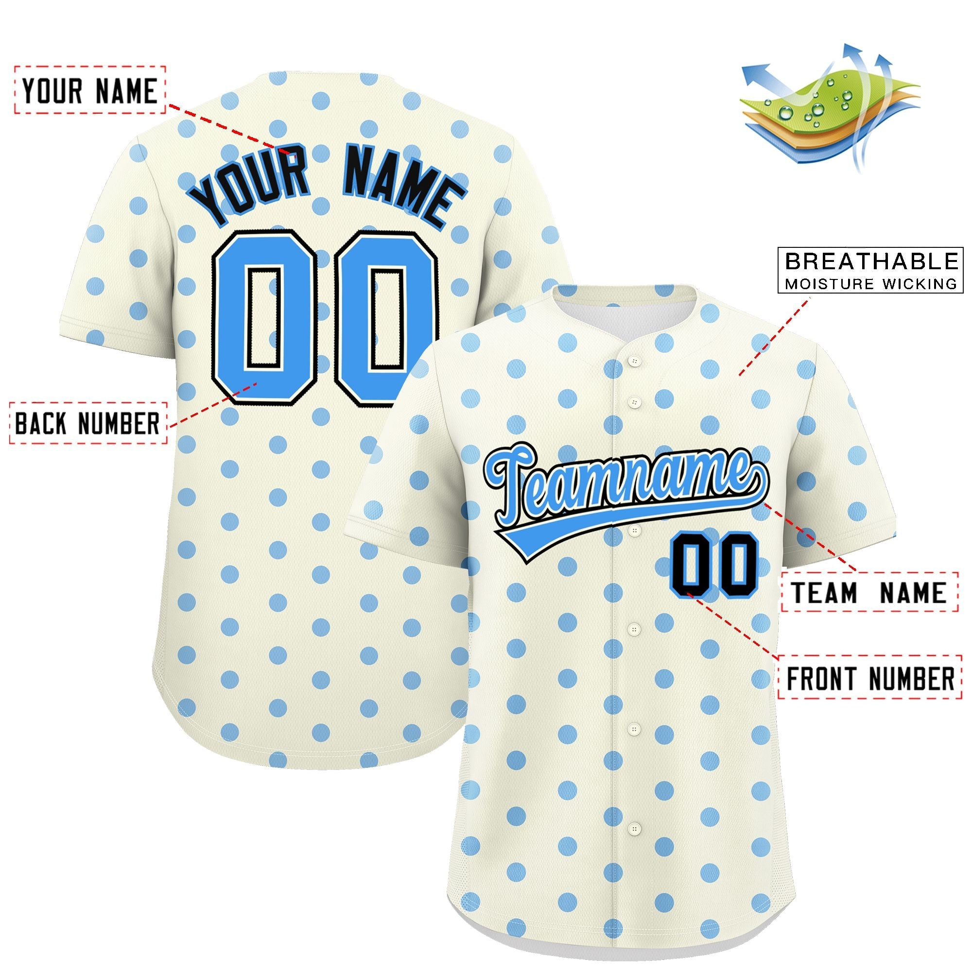 Custom Cream Powder Blue Personalized Polka Dot Graffiti Pattern Authentic Baseball Jersey