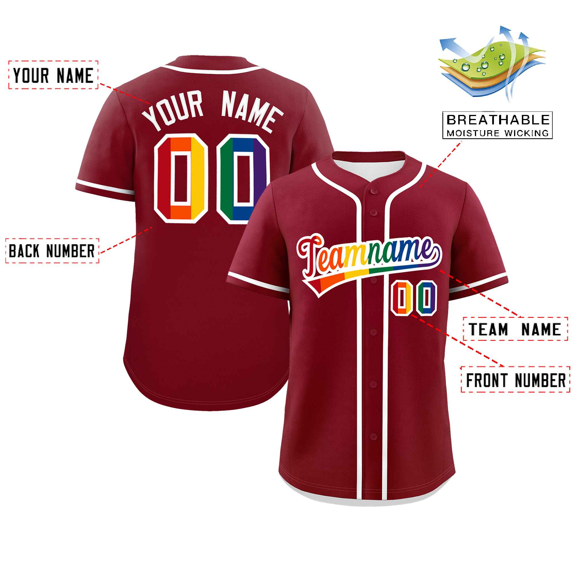 Custom Crimson LGBT Rainbow For Pride Month Classic Style Authentic Baseball Jersey