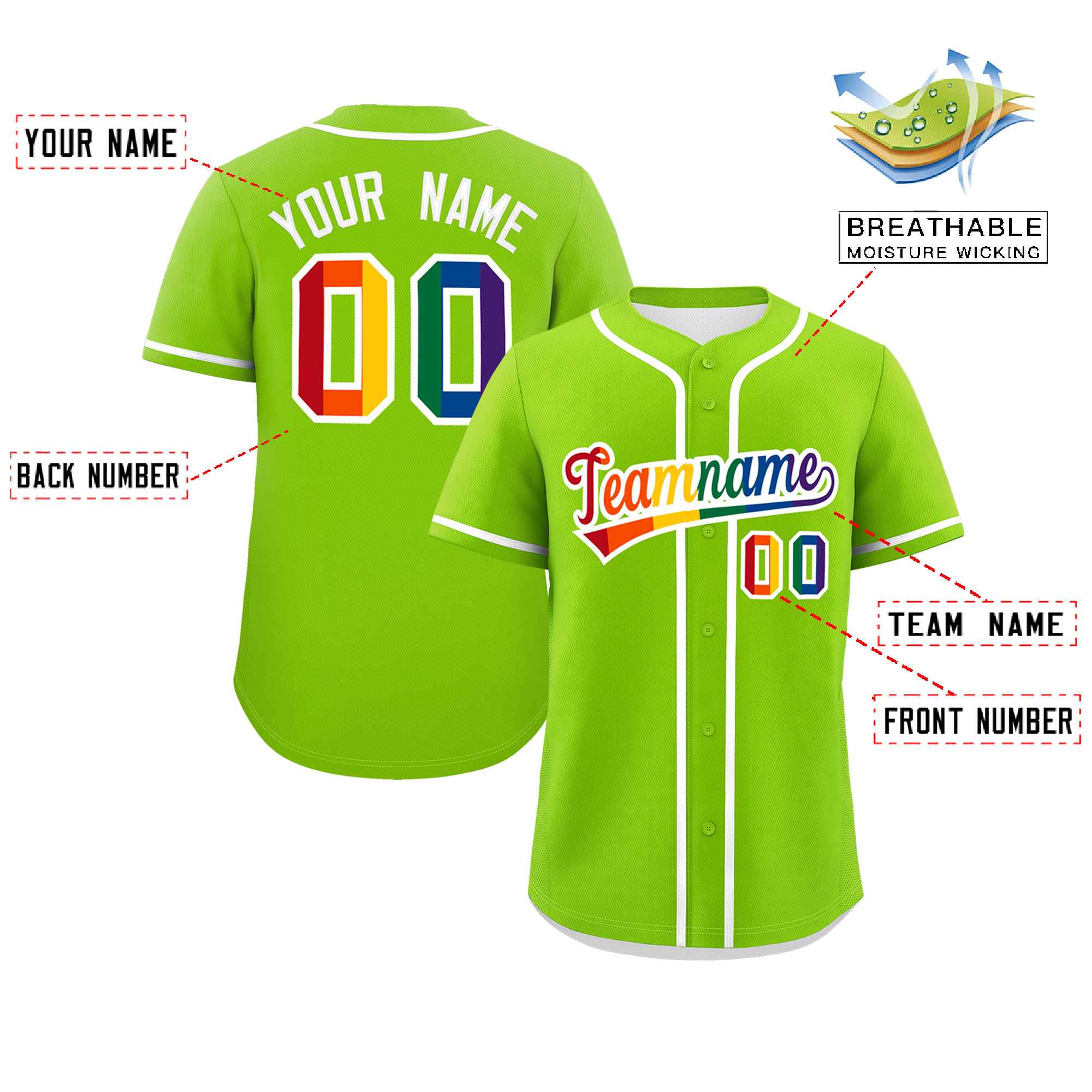 Custom Neon Green LGBT Rainbow For Pride Month Classic Style Authentic Baseball Jersey