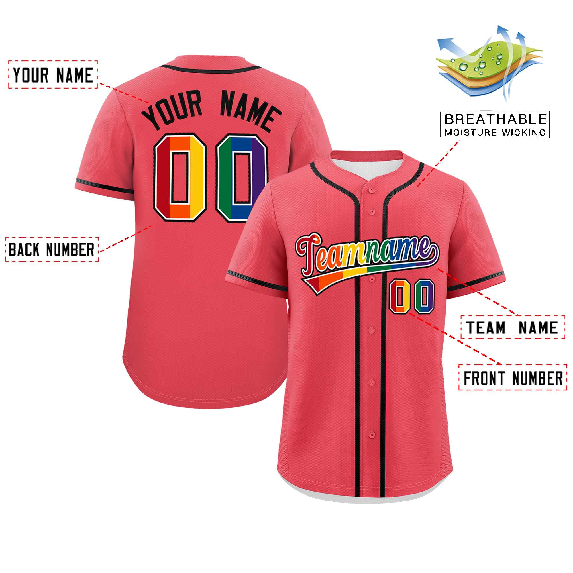 Custom Light Red LGBT Rainbow For Pride Month Classic Style Authentic Baseball Jersey