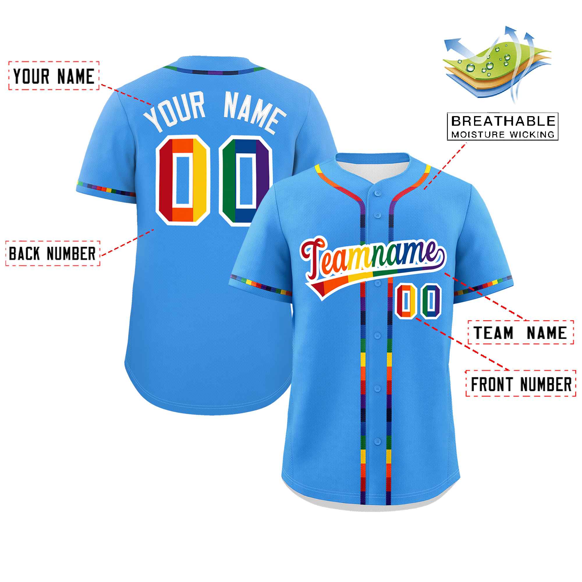 Custom Powder Blue LGBT Rainbow For Pride Month Classic Style Authentic Baseball Jersey