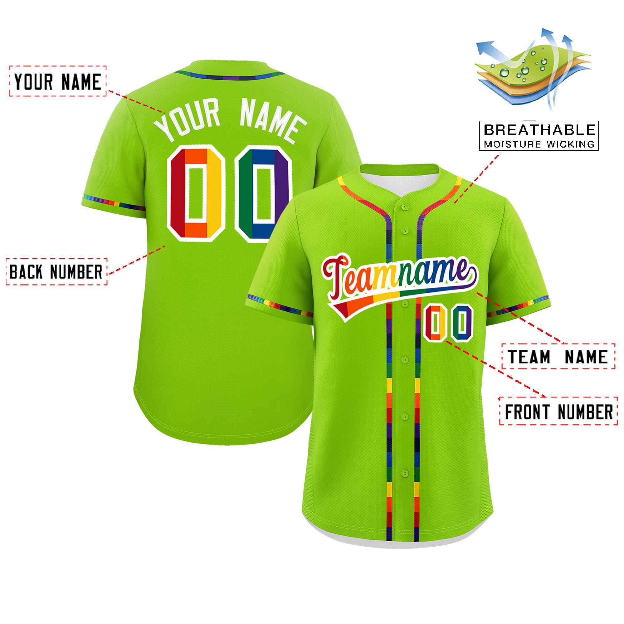 Custom Neon Green LGBT Rainbow For Pride Month Classic Style Authentic Baseball Jersey