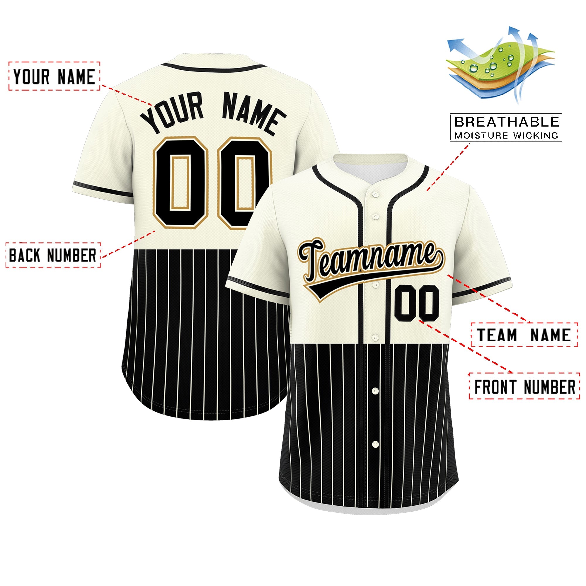 Custom Cream Black Personalized Half Stripe Design Authentic Baseball Jersey