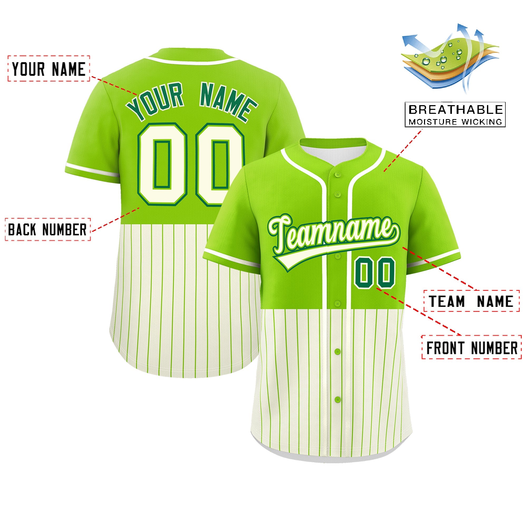 Custom Neon Green Cream Personalized Half Stripe Design Authentic Baseball Jersey