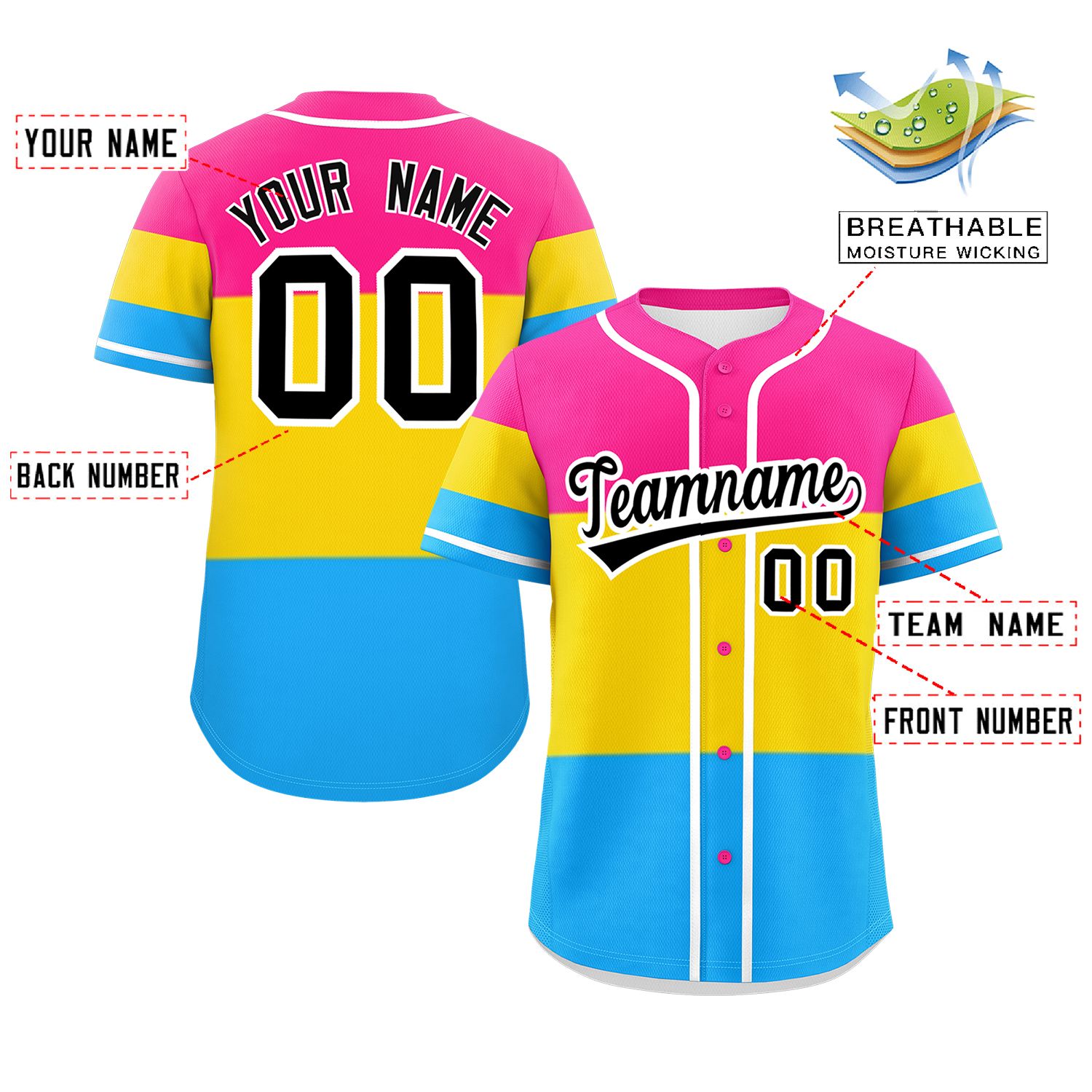 Custom Pink Gold-Powder Blue Pansexuality For Pride Month Color Block Authentic Baseball Jersey