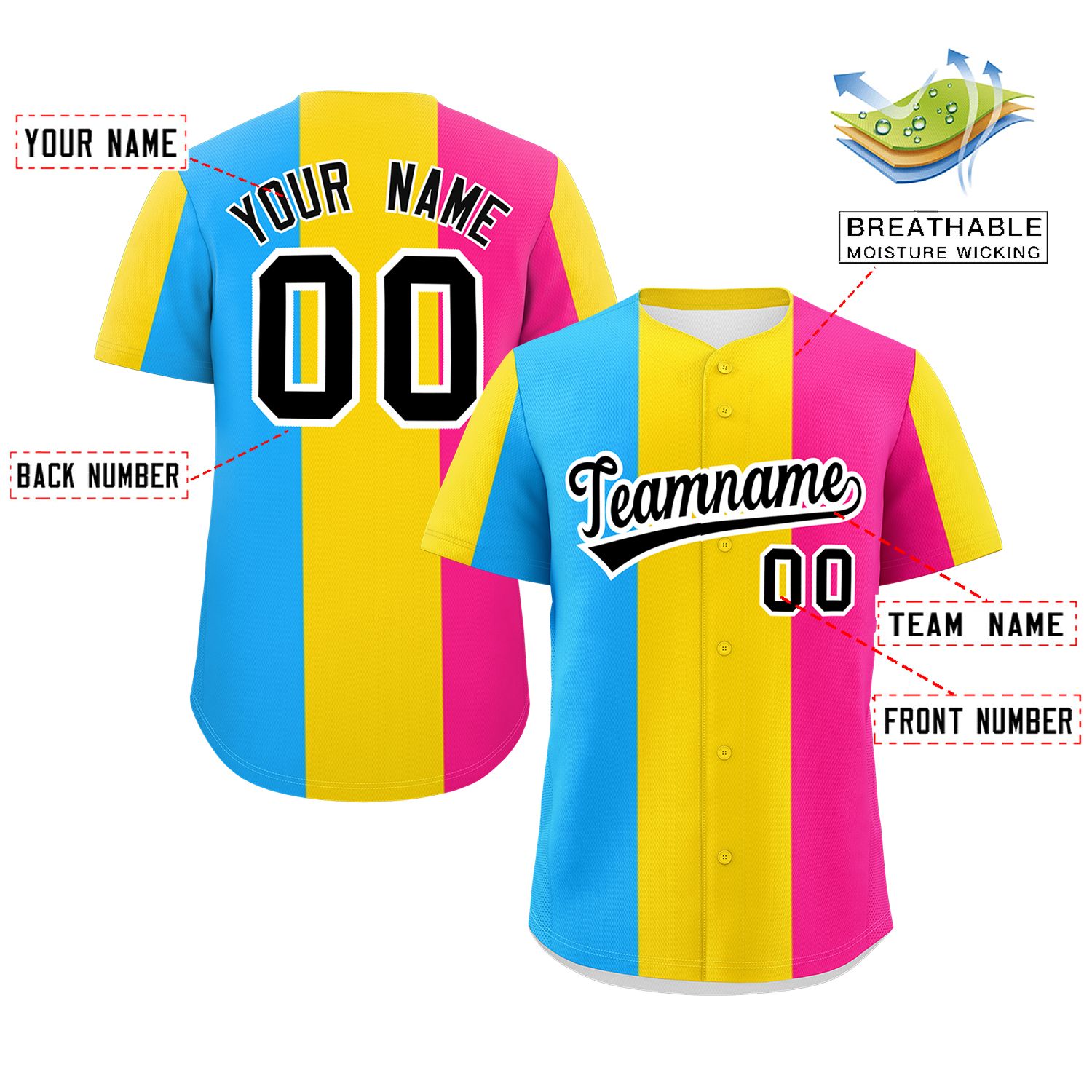 Custom Pink Gold-Powder Blue Pansexuality For Pride Month Color Block Authentic Baseball Jersey