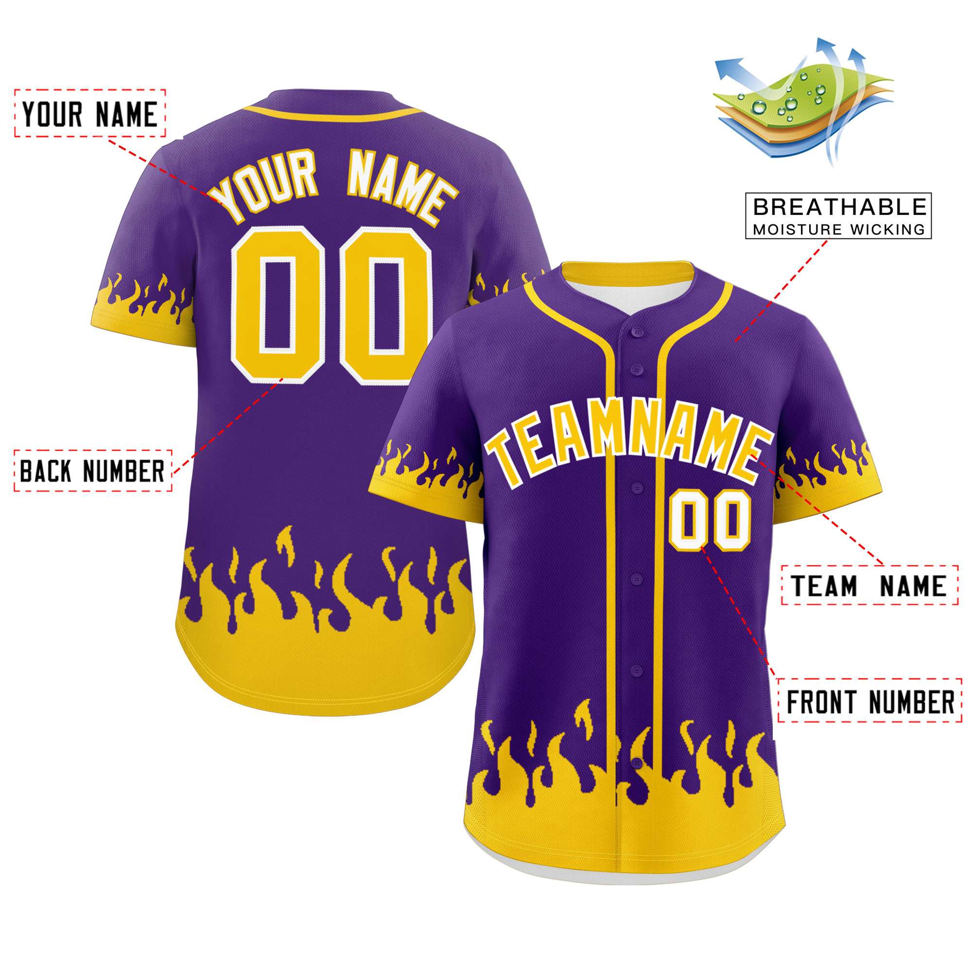 Custom Purple Gold Personalized Flame Graffiti Pattern Authentic Baseball Jersey