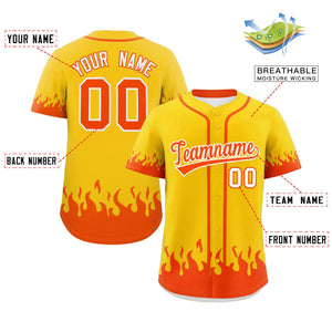 Custom Gold Orange Personalized Flame Graffiti Pattern Authentic Baseball Jersey