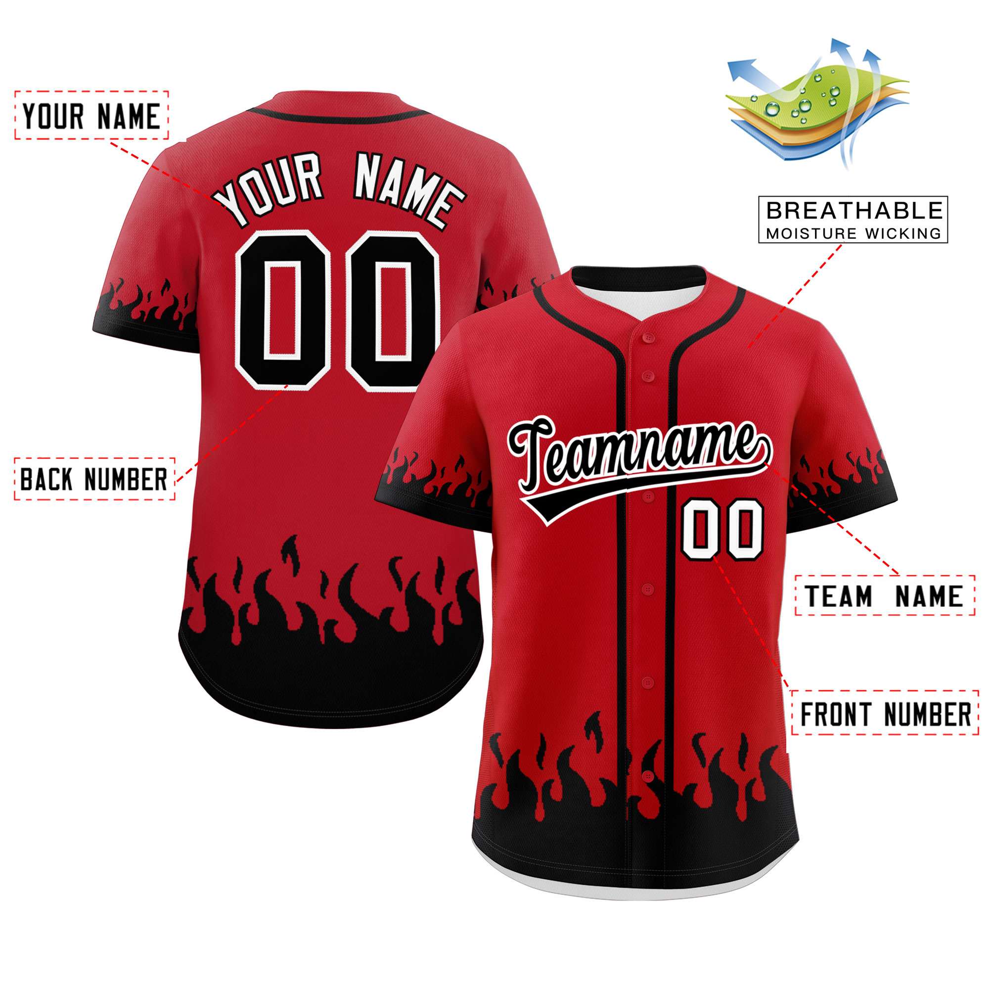 Custom Red Black Personalized Flame Graffiti Pattern Authentic Baseball Jersey