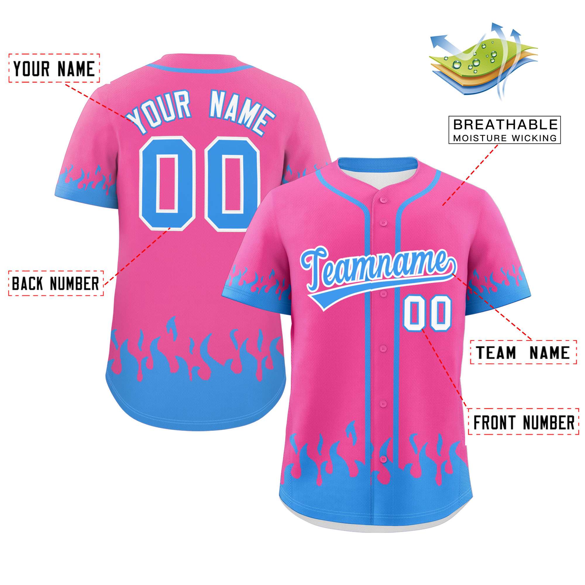 Custom Pink Powder Blue Personalized Flame Graffiti Pattern Authentic Baseball Jersey