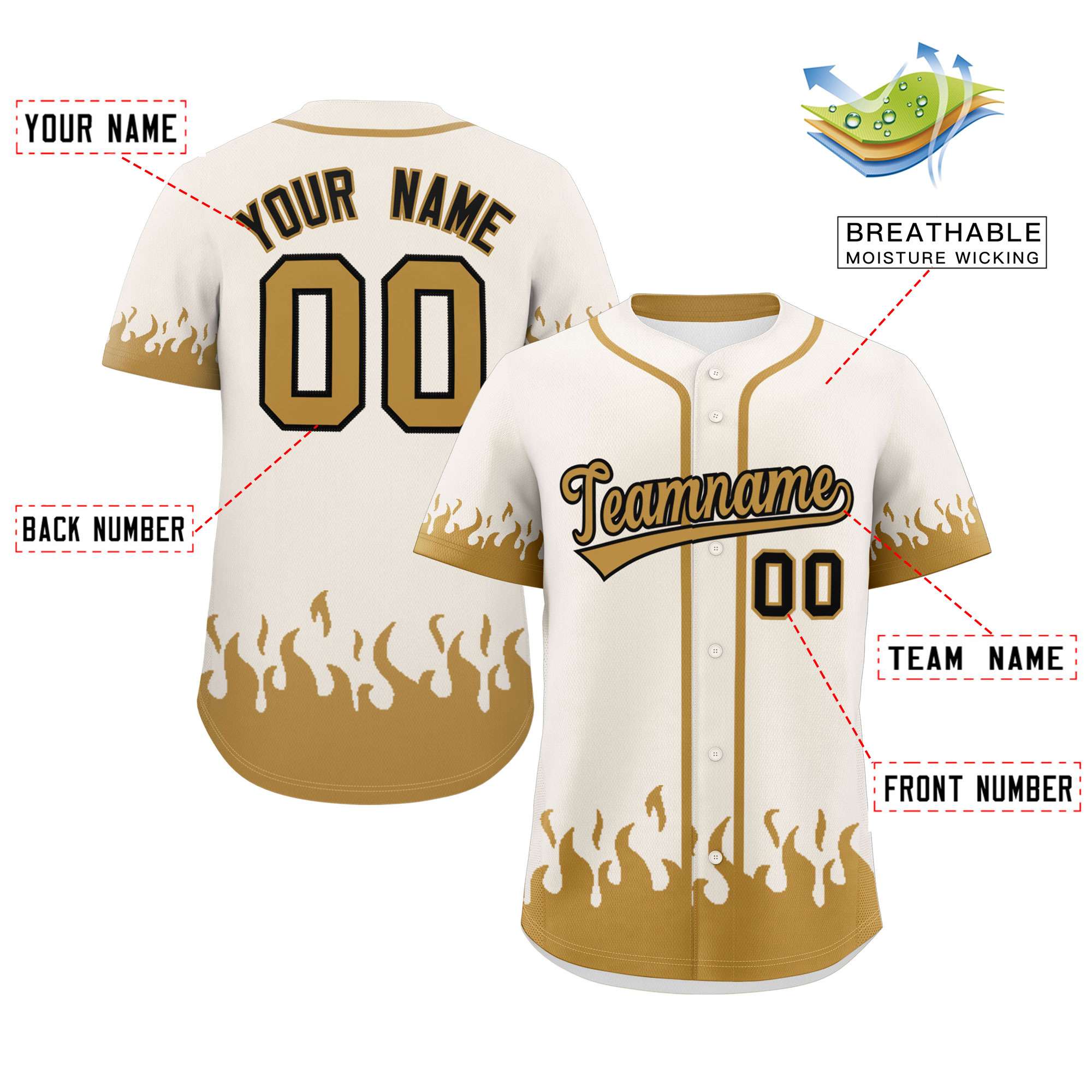 Custom Cream Old Gold Personalized Flame Graffiti Pattern Authentic Baseball Jersey