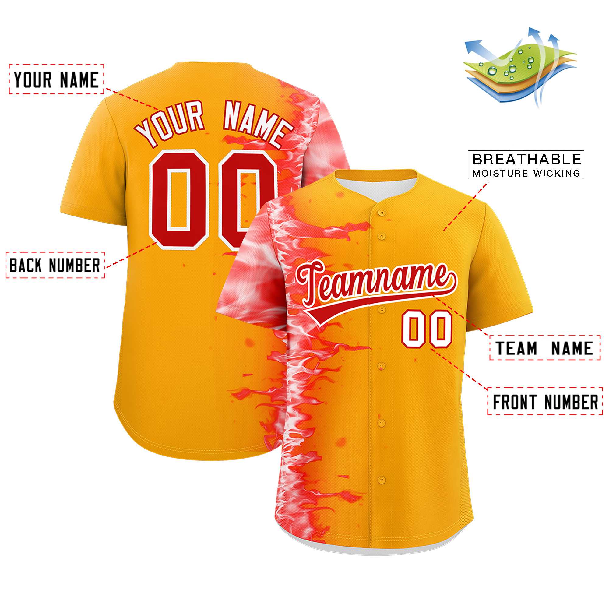 Custom Yellow Personalized 3D Flame Design Authentic Baseball Jersey