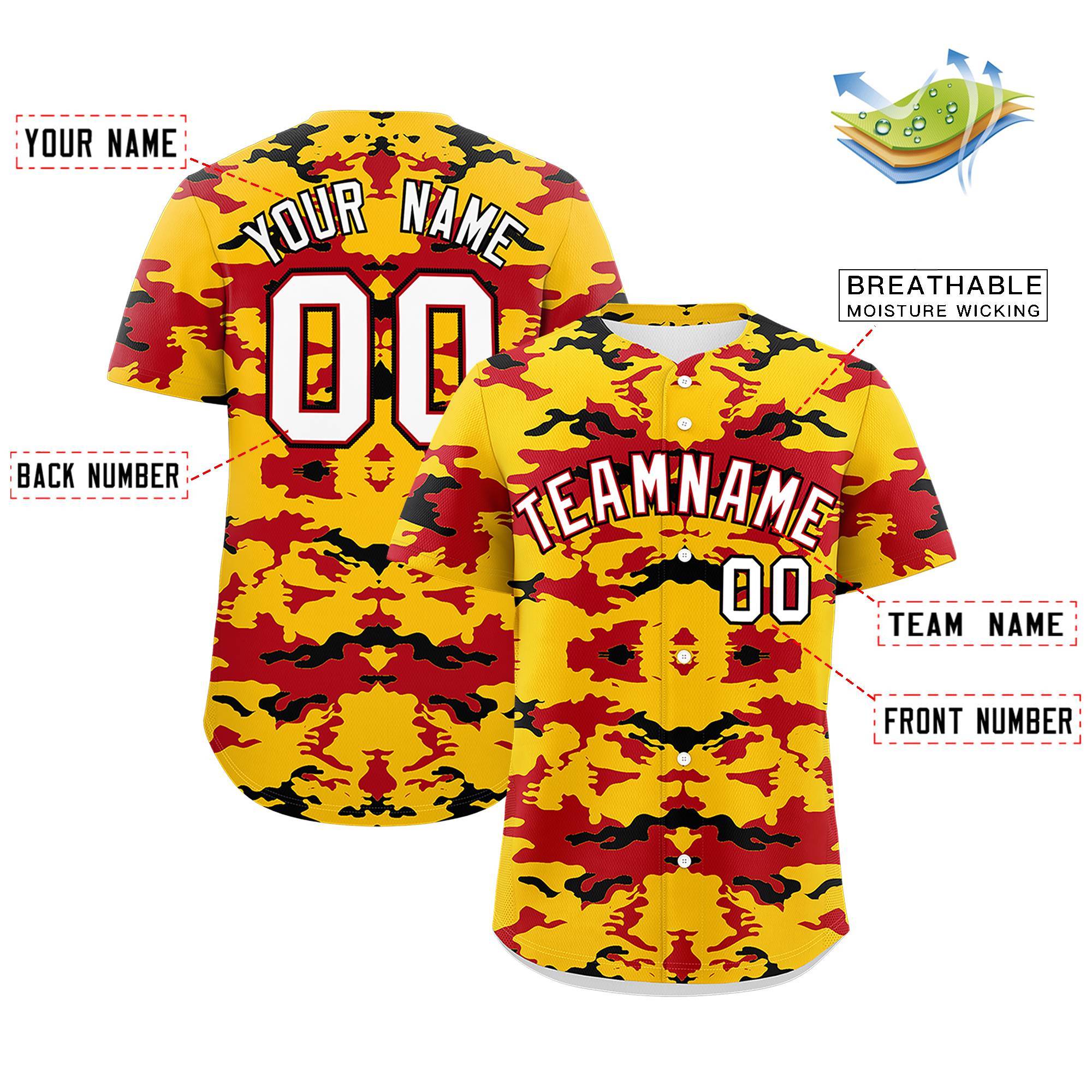 Custom Gold Red-Black Personalized Camo Design Authentic Baseball Jersey