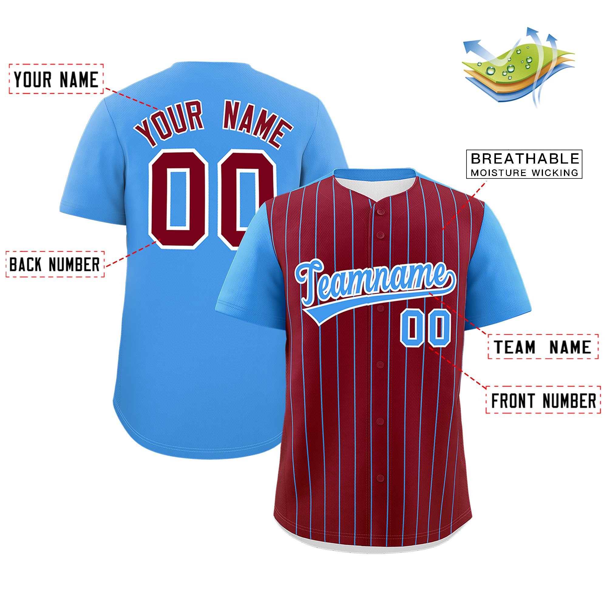 Custom Crimson Powder Blue Pinstripe Personalized Two-Tone Authentic Baseball Jersey