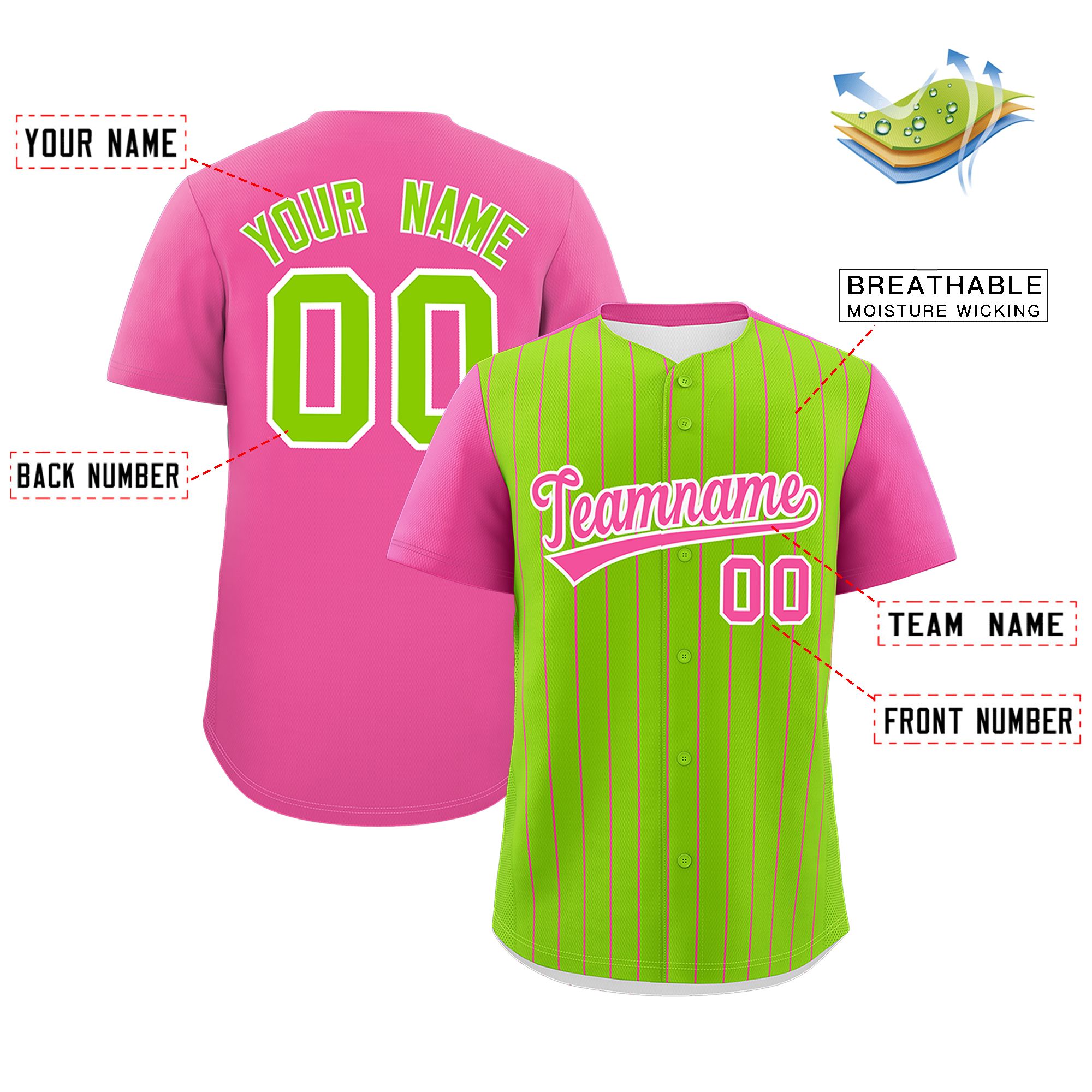 Custom Neon Green Pink Pinstripe Personalized Two-Tone Authentic Baseball Jersey