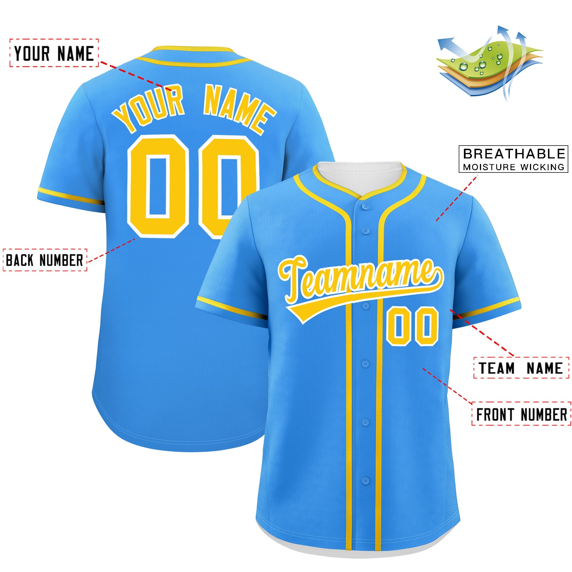 Custom Powder Blue Gold Personalized Classic Authentic Baseball Jersey