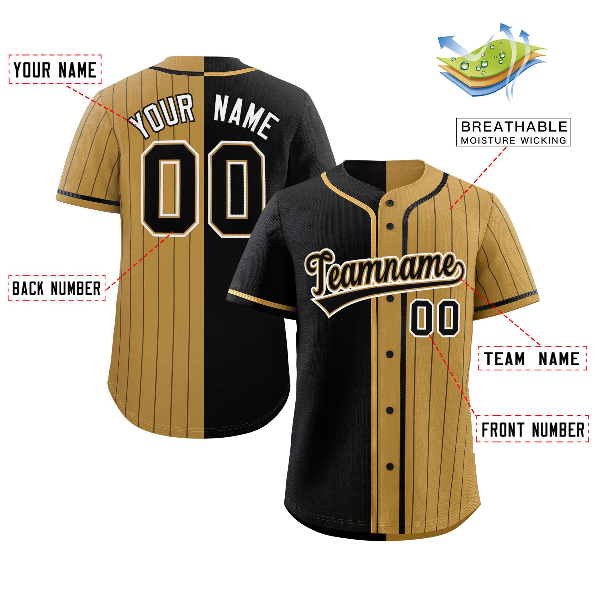 Custom Black Old Gold Stripe-Solid Combo Fashion Authentic Baseball Jersey