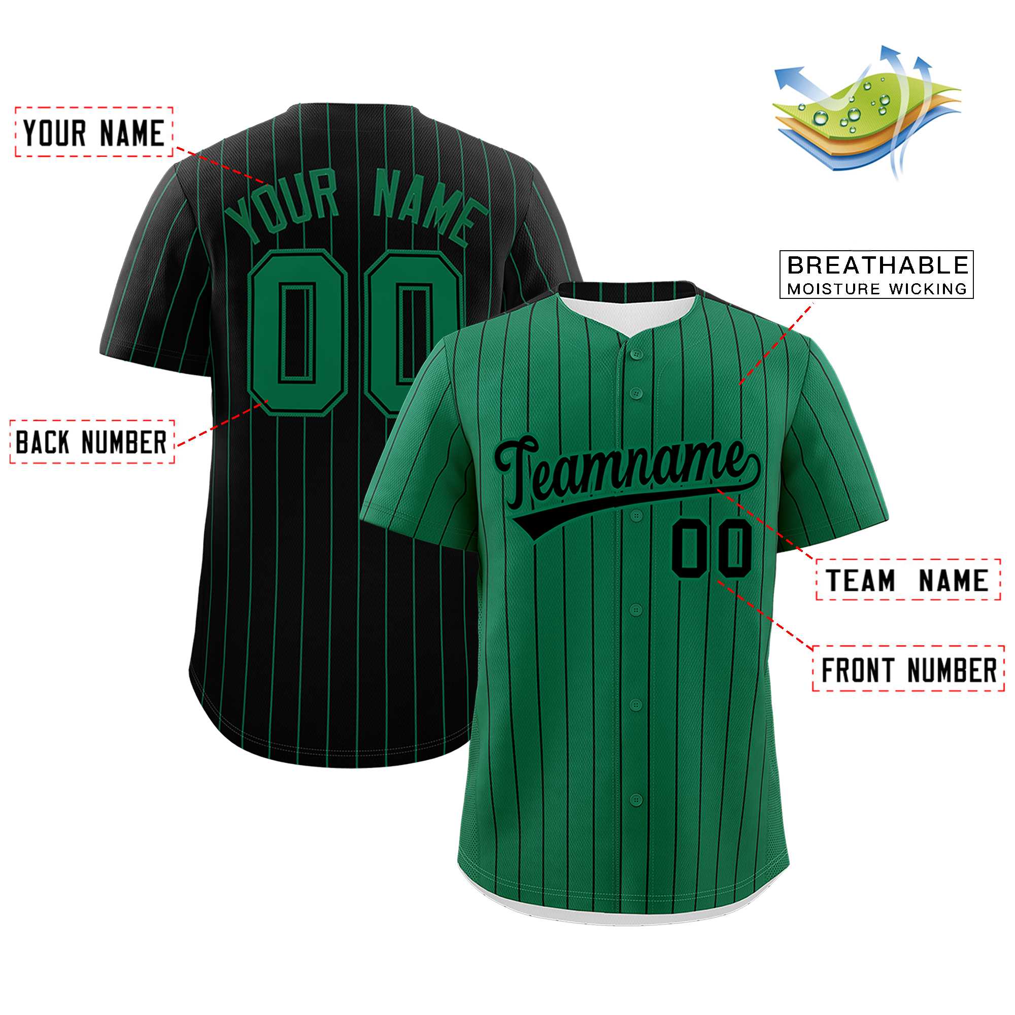 Custom Kelly Green Black Pinstripe Personalized Two-Tone Authentic Baseball Jersey