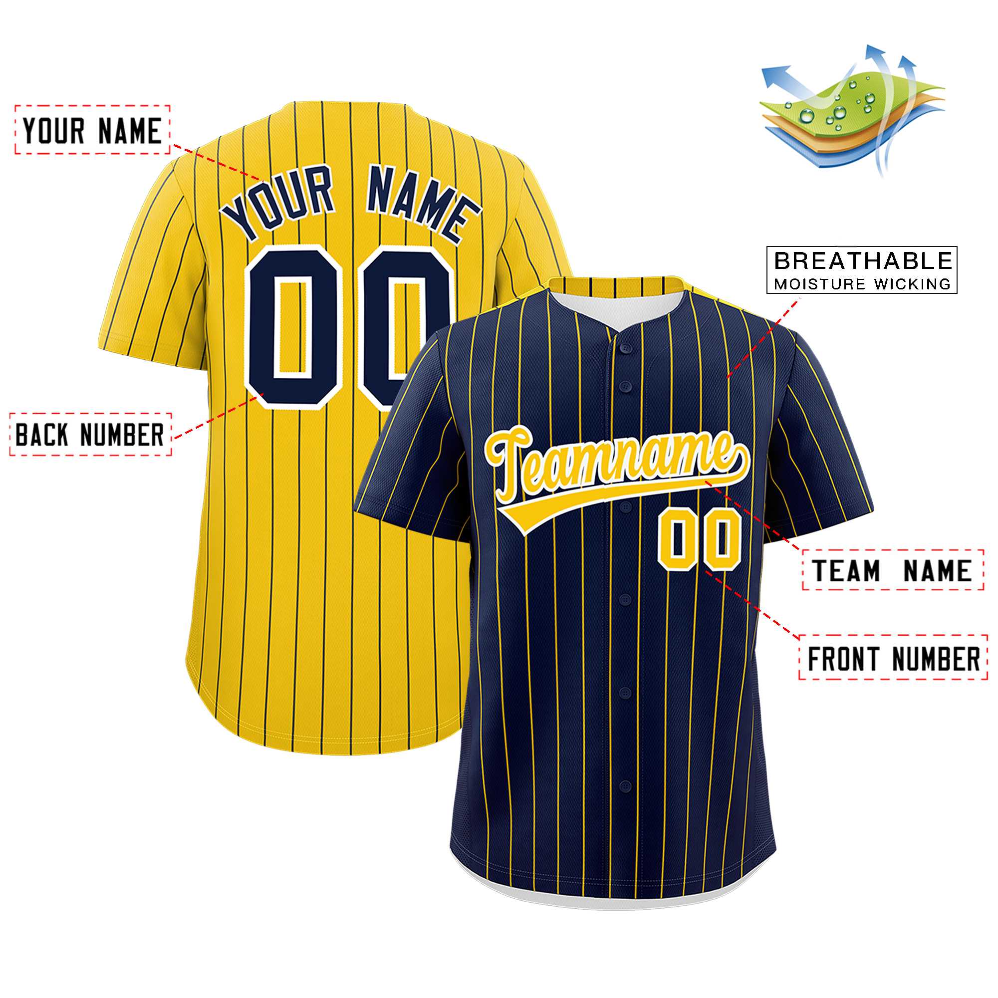 Custom Navy Gold Pinstripe Personalized Two-Tone Authentic Baseball Jersey