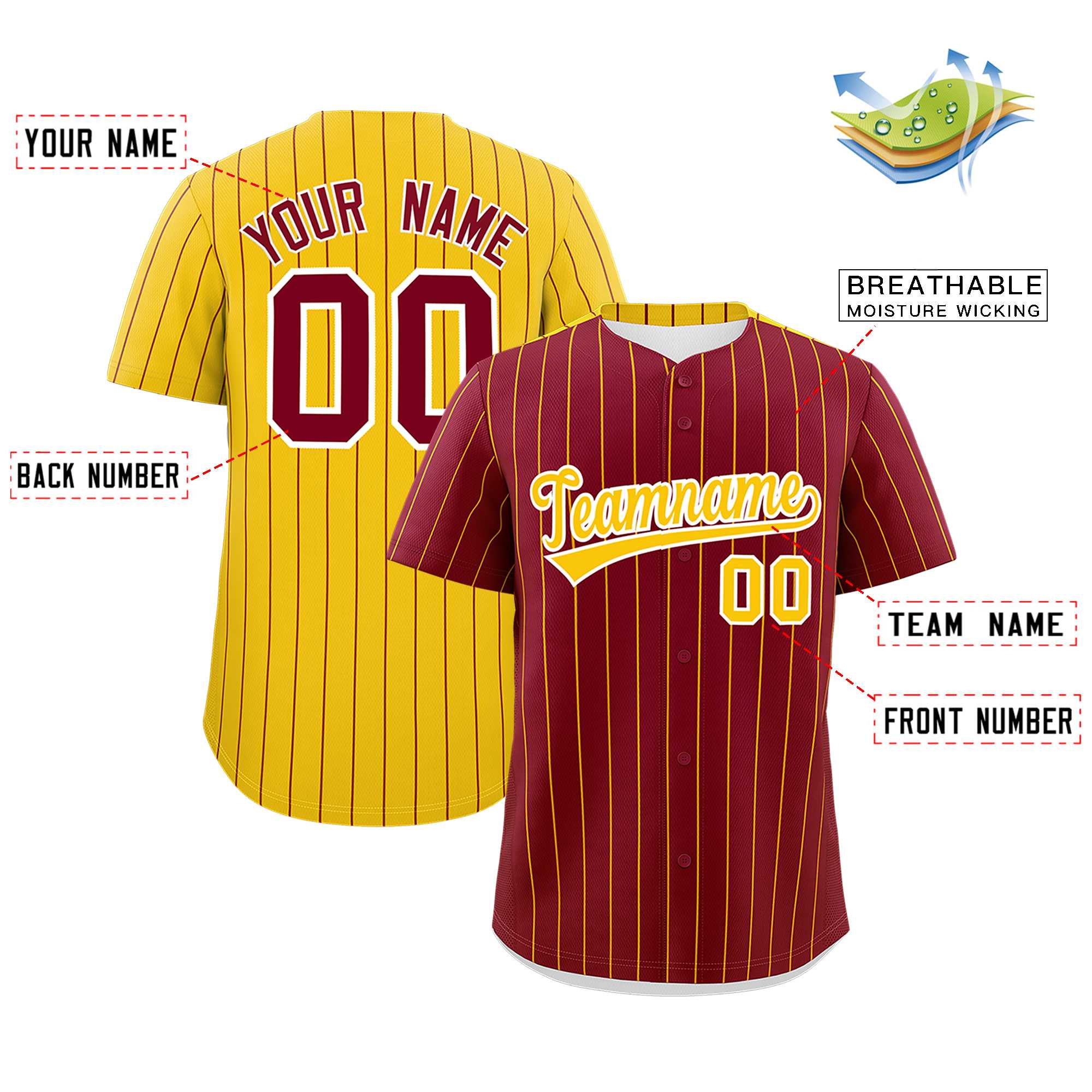 Custom Crimson Gold Pinstripe Personalized Two-Tone Authentic Baseball Jersey