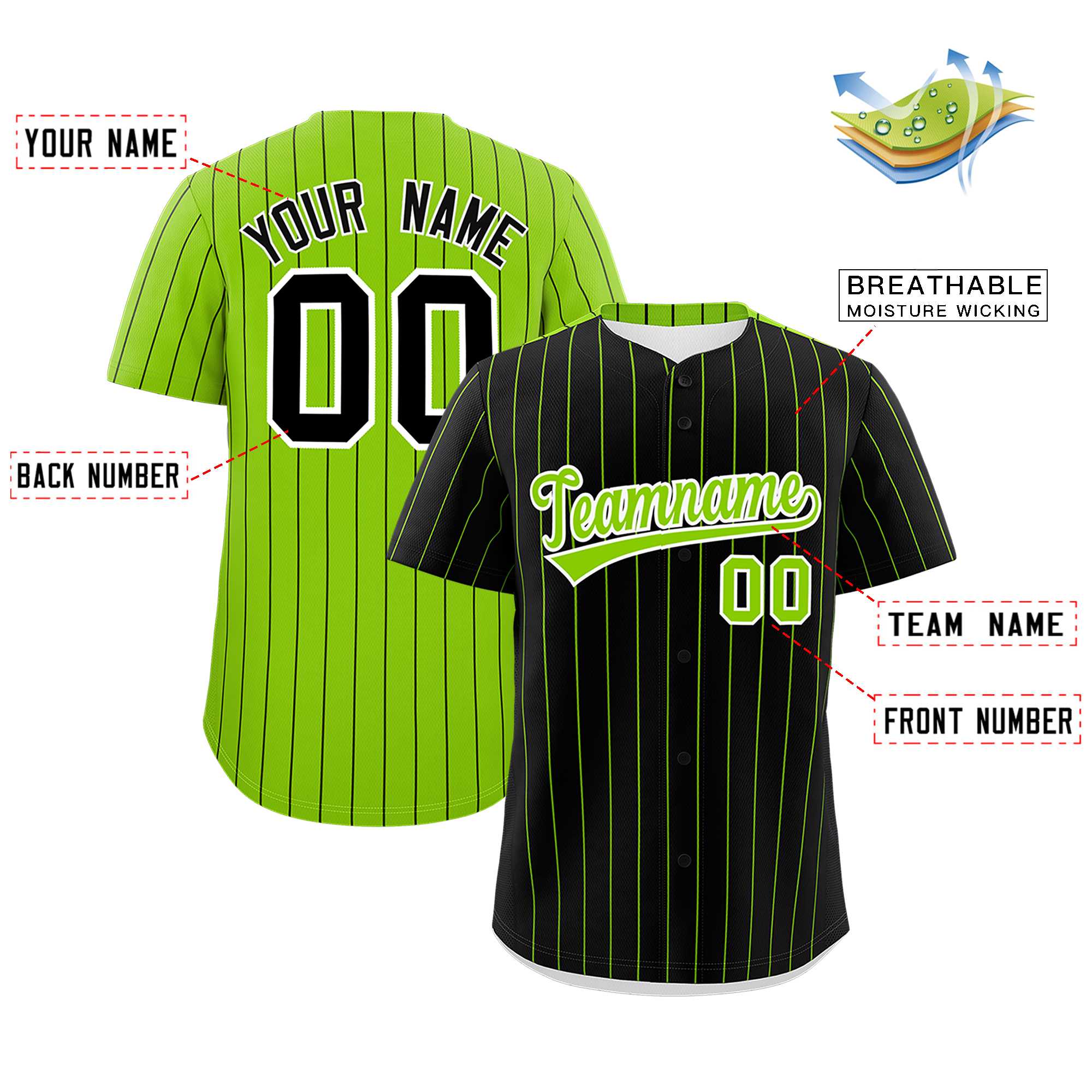 Custom Black Neon Green Pinstripe Personalized Two-Tone Authentic Baseball Jersey