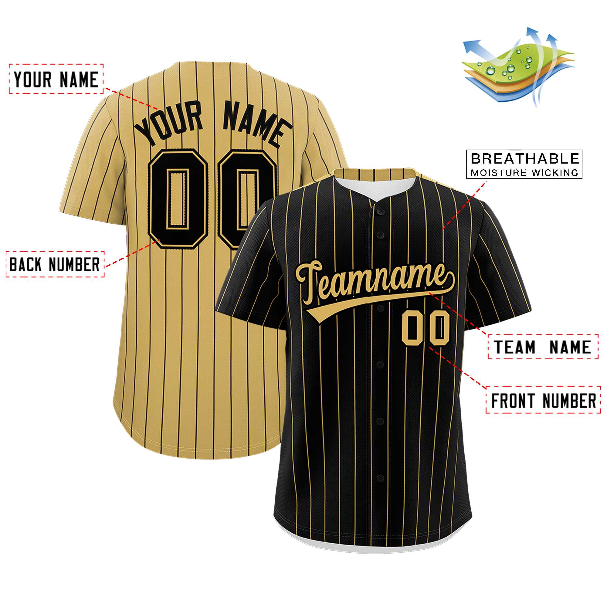 Custom Black Old Gold Pinstripe Personalized Two-Tone Authentic Baseball Jersey