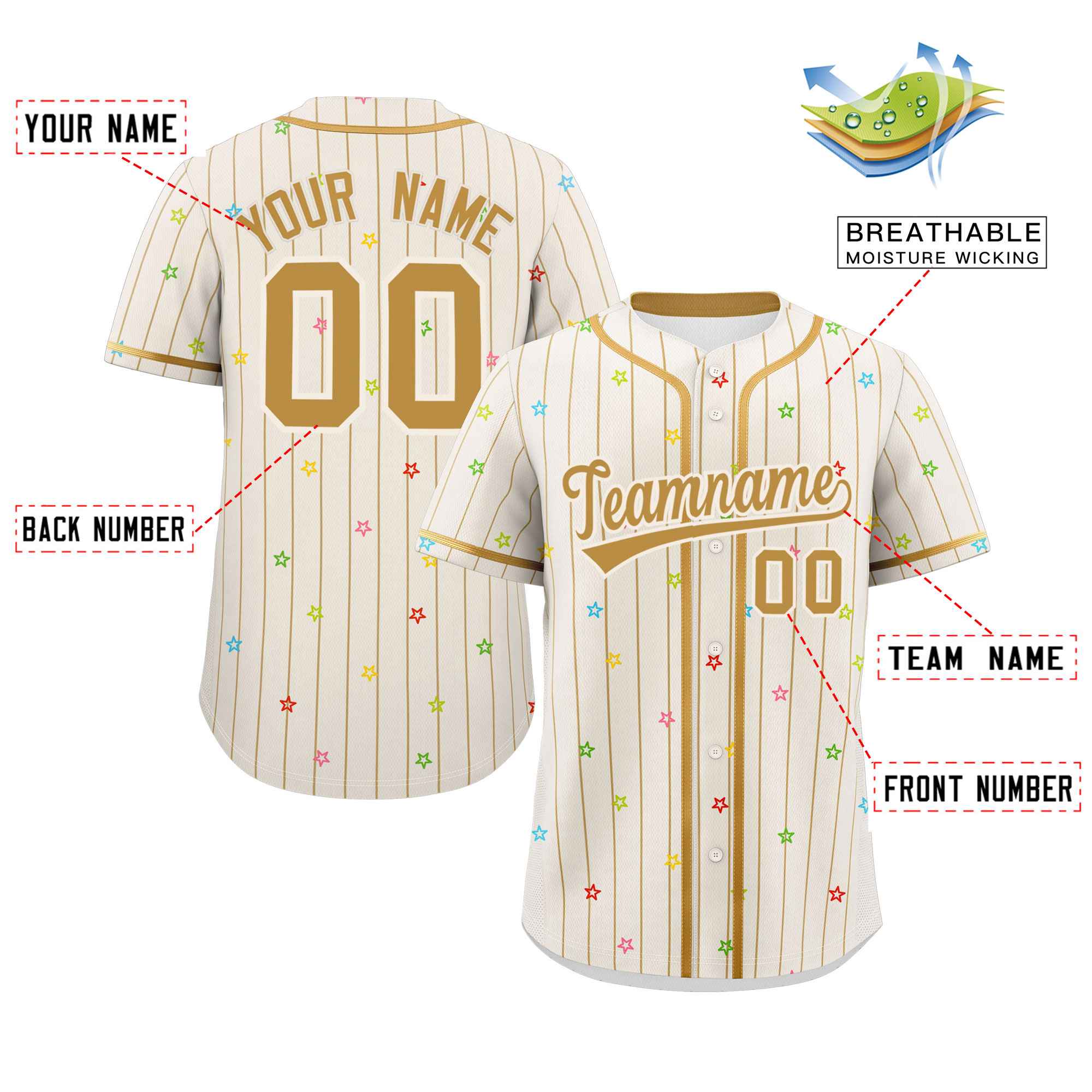 Custom Cream Old Gold Stripe Fashion Personalized Star Pattern Authentic Baseball Jersey