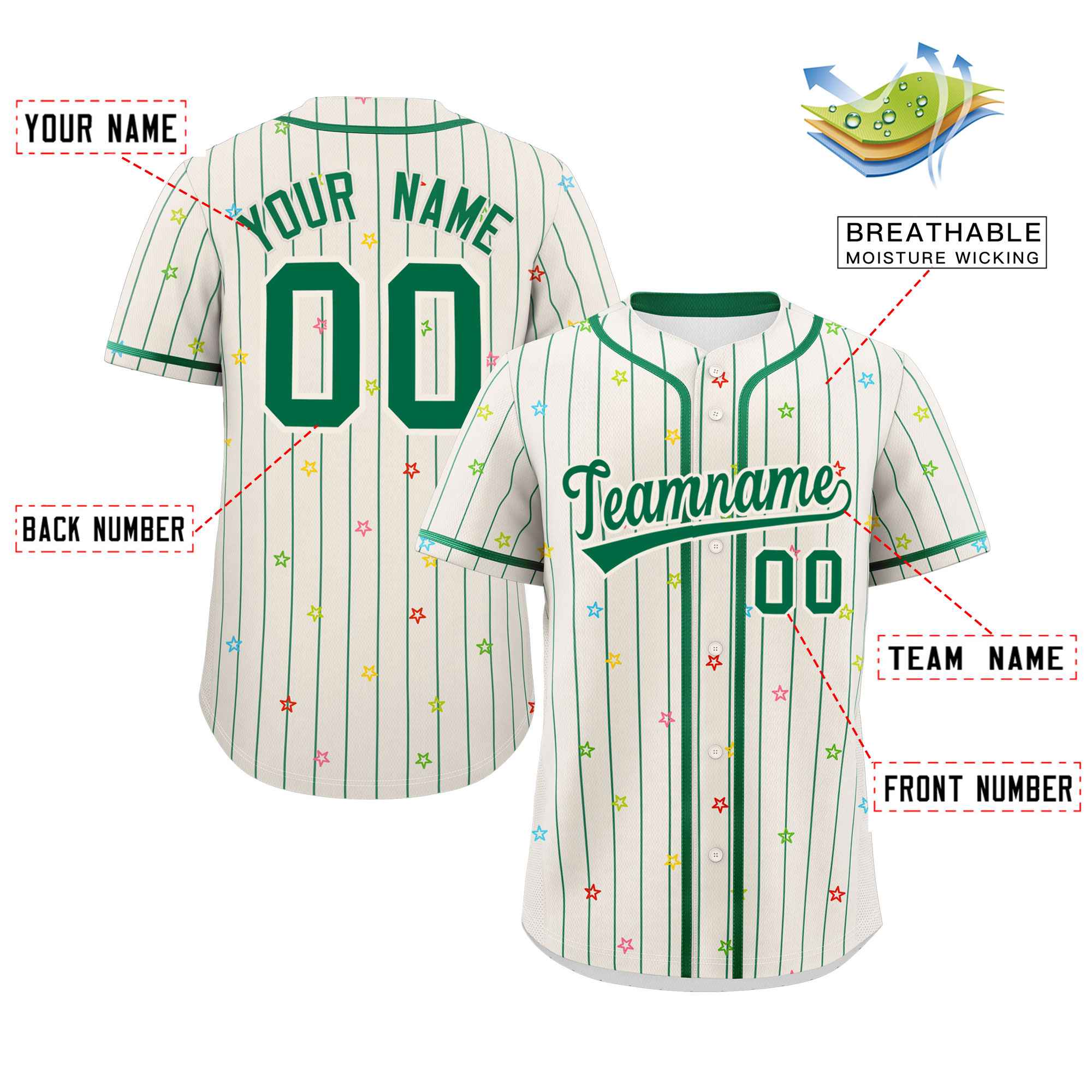 Custom Cream Kelly Green Stripe Fashion Personalized Star Pattern Authentic Baseball Jersey